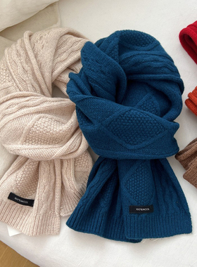 软糯兔绒羊毛混纺显白蓝色新年圣诞红色针织围巾女冬季保暖小围脖