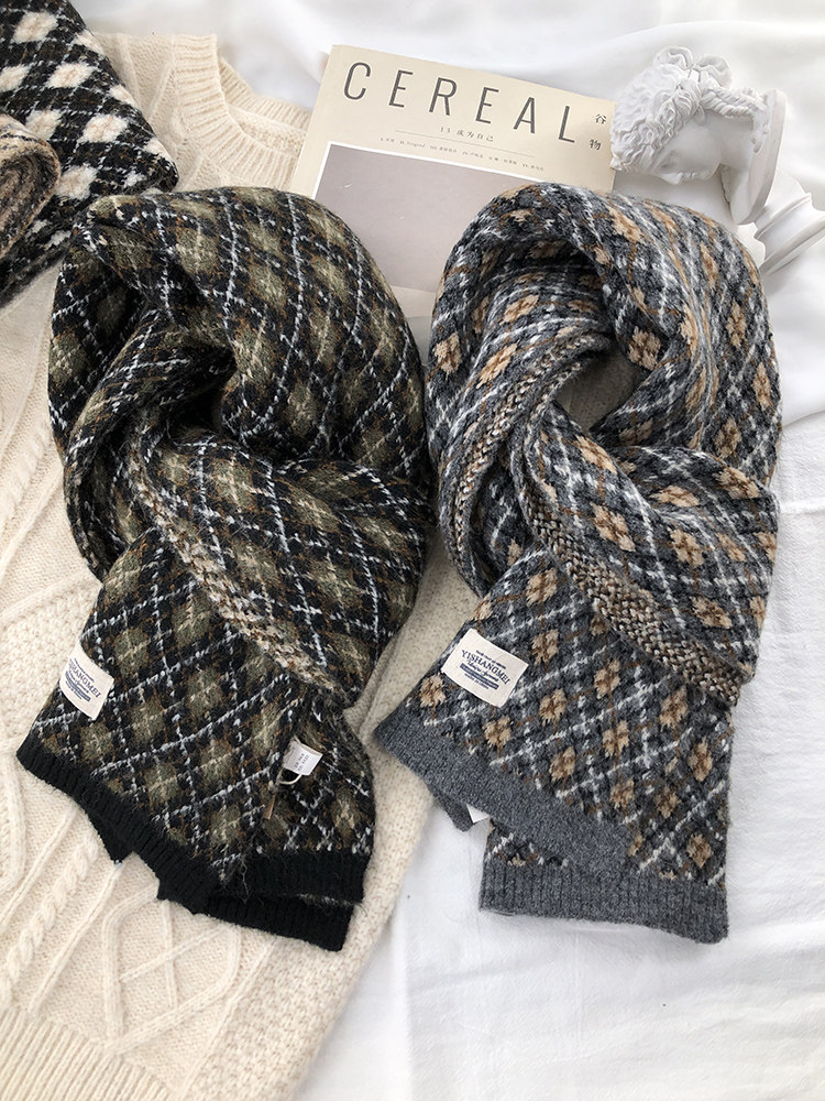 复古色系菱形格子围巾女冬季保暖