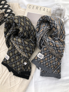 复古色系针织黑绿色美式围巾女冬季学生加厚保暖红米菱形格子围脖