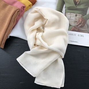 森系简约短款米白色棉麻围巾女春秋镂空薄款护颈窄版领巾遮阳围巾