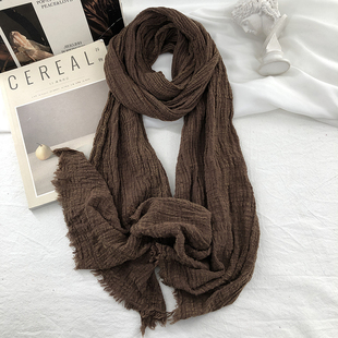 复古文艺做旧全棉棕咖色加长款围巾男女春秋冬季窄版护颈保暖围脖