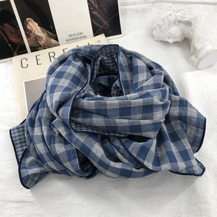 复古文艺蓝色纯棉格子围巾女学生春秋冬季双面薄款护颈保暖长围脖