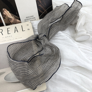 复古文艺100%亚麻条纹小丝巾女春夏透气装饰长条领巾短款飘带发带