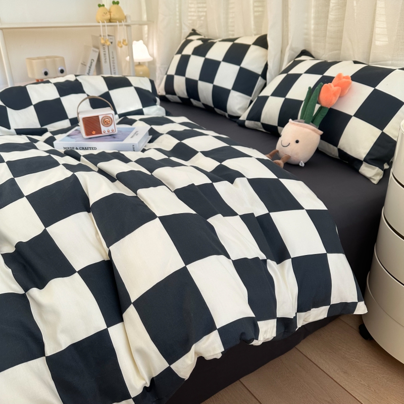 北欧全棉简约黑白格子四件套100纯棉被罩床笠男孩宿舍学生三件套3