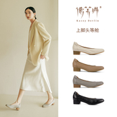 粗跟灰色浅口单鞋 女鞋 子鞋 德芙琳真皮奶奶鞋 头上翘3cm中跟鞋