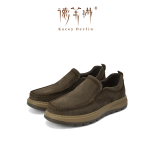 轻便鞋 德芙琳男士 软底懒人鞋 厚底一脚蹬牛皮休闲皮鞋 真皮乐福鞋