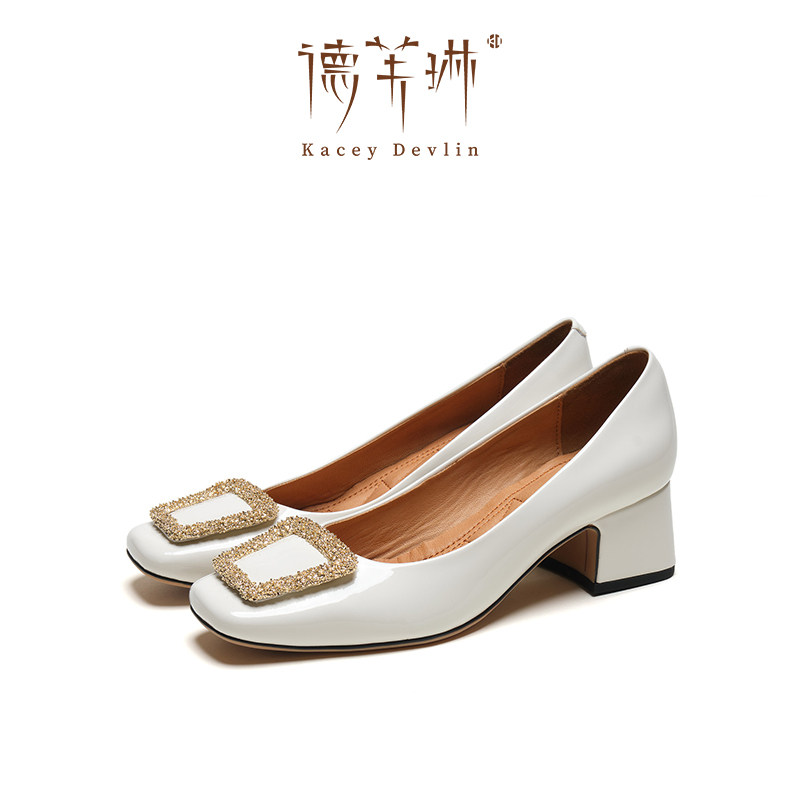 德芙琳鹿皮雪花扣方根高跟鞋新款时尚优雅气质粗跟中跟浅口单鞋