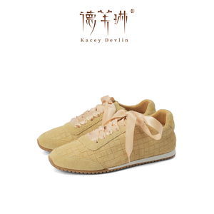 德芙琳鹿皮复古德训鞋女百搭休闲板鞋2026新款反绒皮系带运动鞋