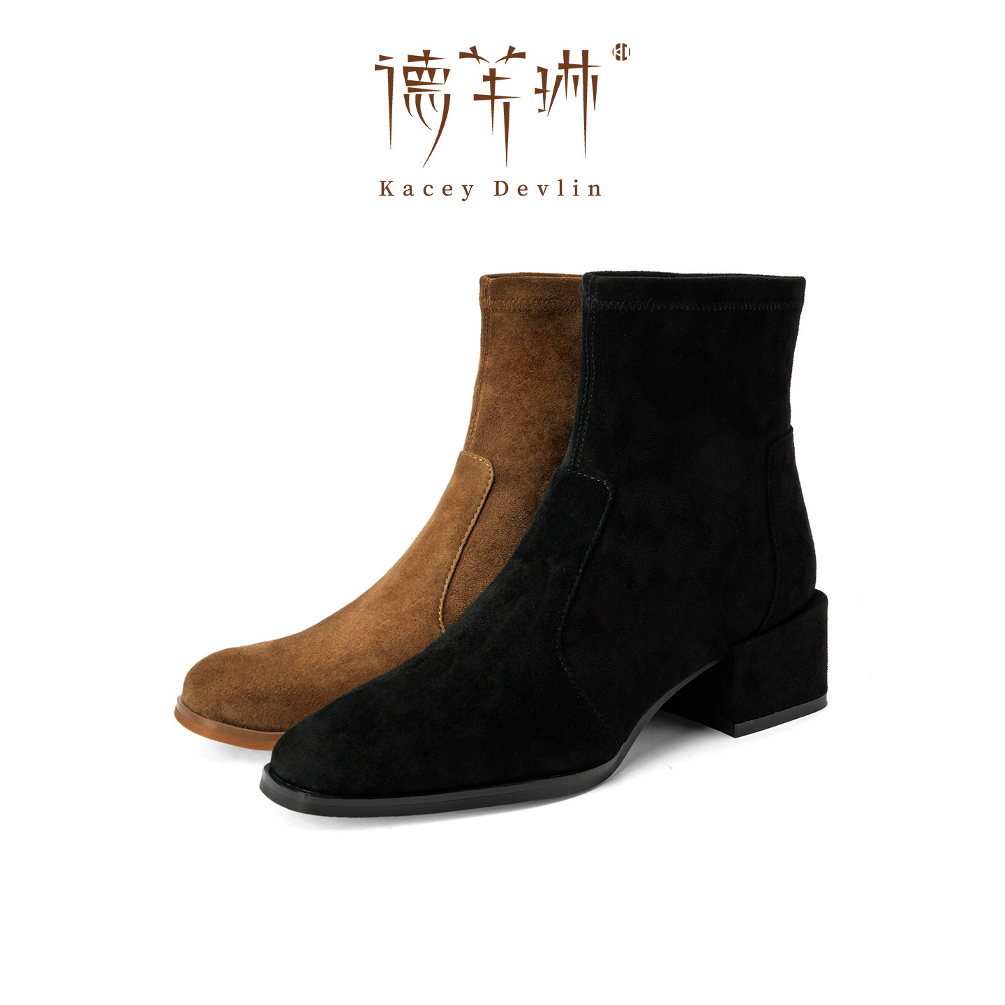 【钱老板】德芙琳鹿皮复古弹力靴女瘦瘦袜靴羊反绒中跟靴子KD8082