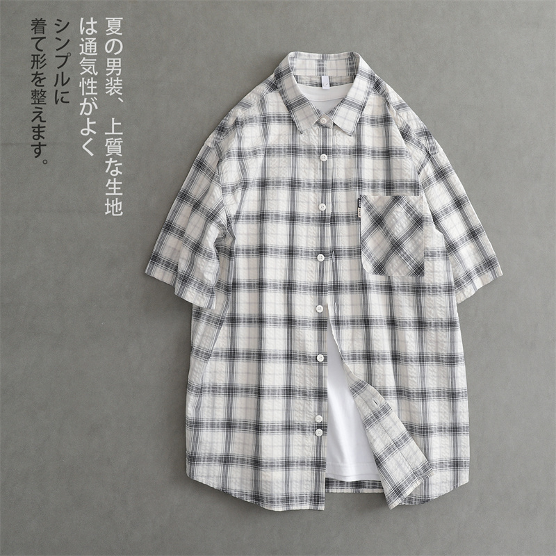 日系复古潮流宽松格子衬衫