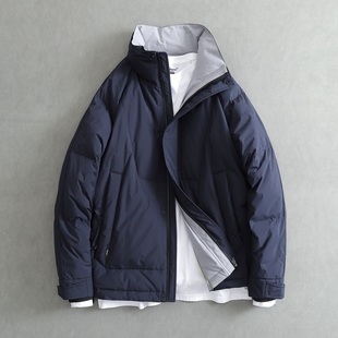 新款 拼色保暖2025冬季 白鸭绒休闲外套无帽 立领羽绒服男薄款 短款