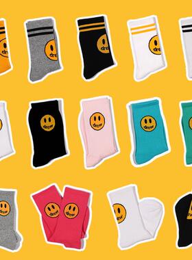 笑脸袜子男女中筒袜纯棉ins潮牌长袜夏天可爱卡通日系白色长筒袜