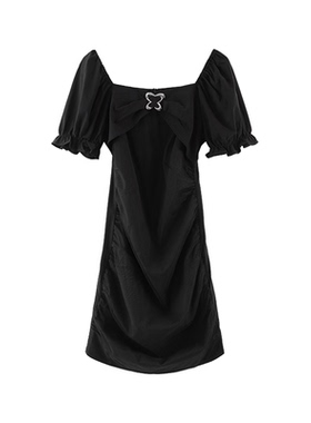 【现货】小众设计感蝴蝶结褶皱连衣裙女L132111新款泡泡袖裙子