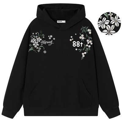88rising 双肩栀子花美式重磅花卉刺绣休闲宽版落肩情侣连帽卫衣