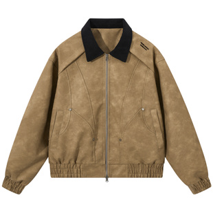 88rising 美式复古巴恩风外套褶皱铆钉截短挺阔PU皮翻领夹克