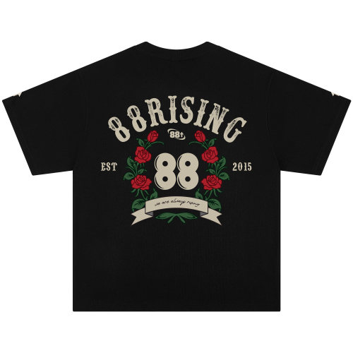 88rising美式复古音乐玫瑰花Logo刺绣简约休闲纯棉落肩短袖T恤