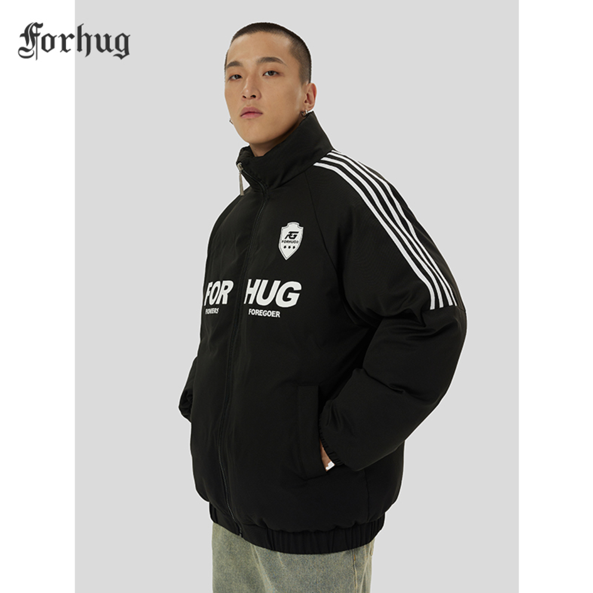 【吉杰專屬】FORHUG 字母LOGO側(cè)條紋立領(lǐng)寬松棉服外套