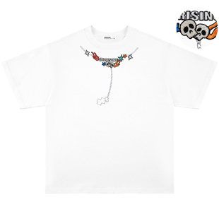 88rising 美式火焰骷髅项链刺绣多元素ins街头纯棉情侣短袖T恤