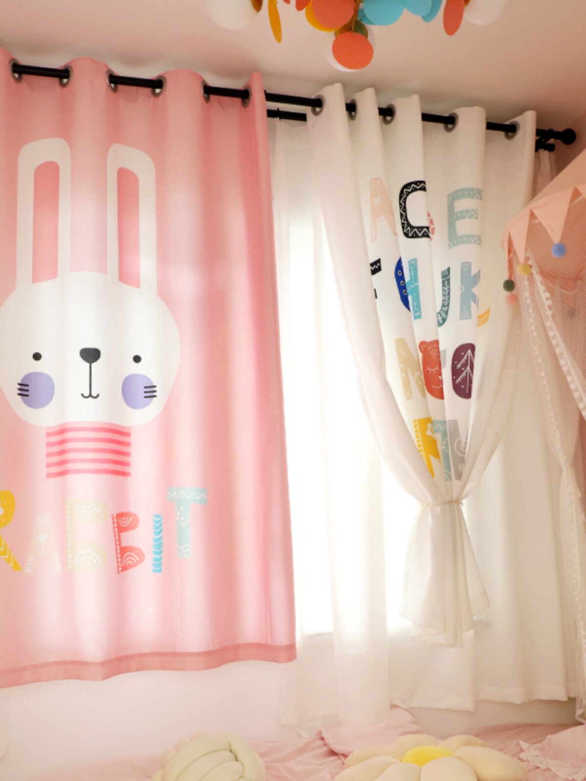 简约少女粉色女孩棉麻窗帘遮光公主卡通儿童房卧室飘窗短帘免打孔