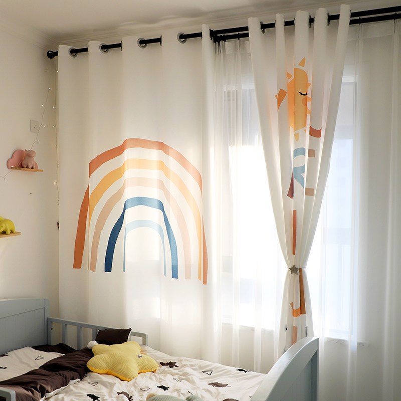 简约彩虹儿童房男孩卧室客厅少女棉麻窗帘遮光女孩飘窗免打孔安装