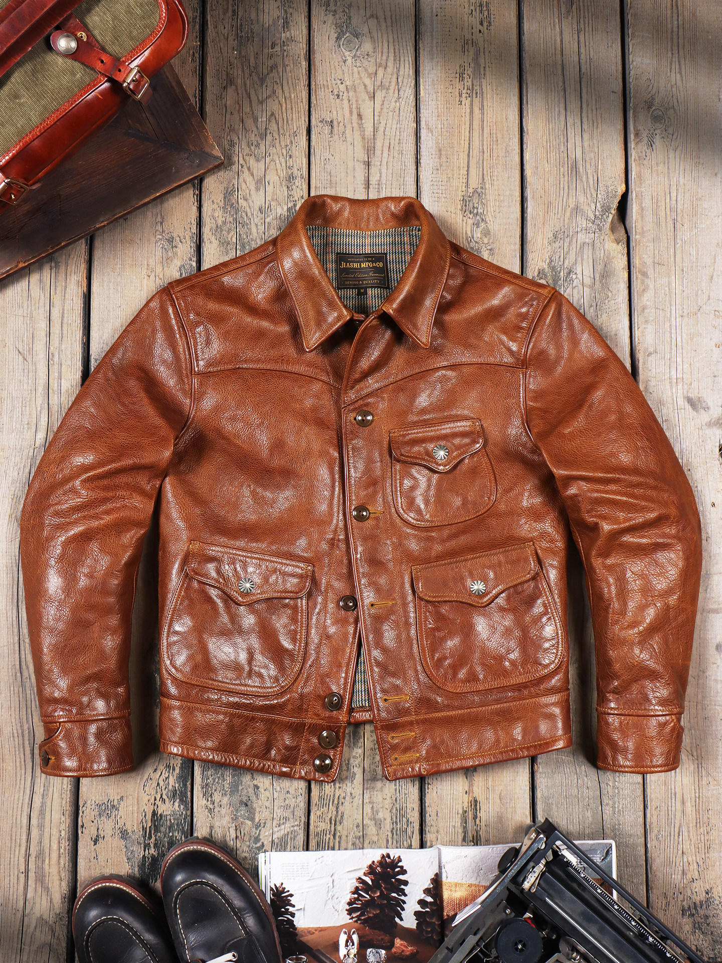 thumbnail for 1.4mm Unpainted Batik Vegetable-Tanned Calfskin Men's Genuine Leather Jacket American Vintage Farmer Cargo Leather Jacket