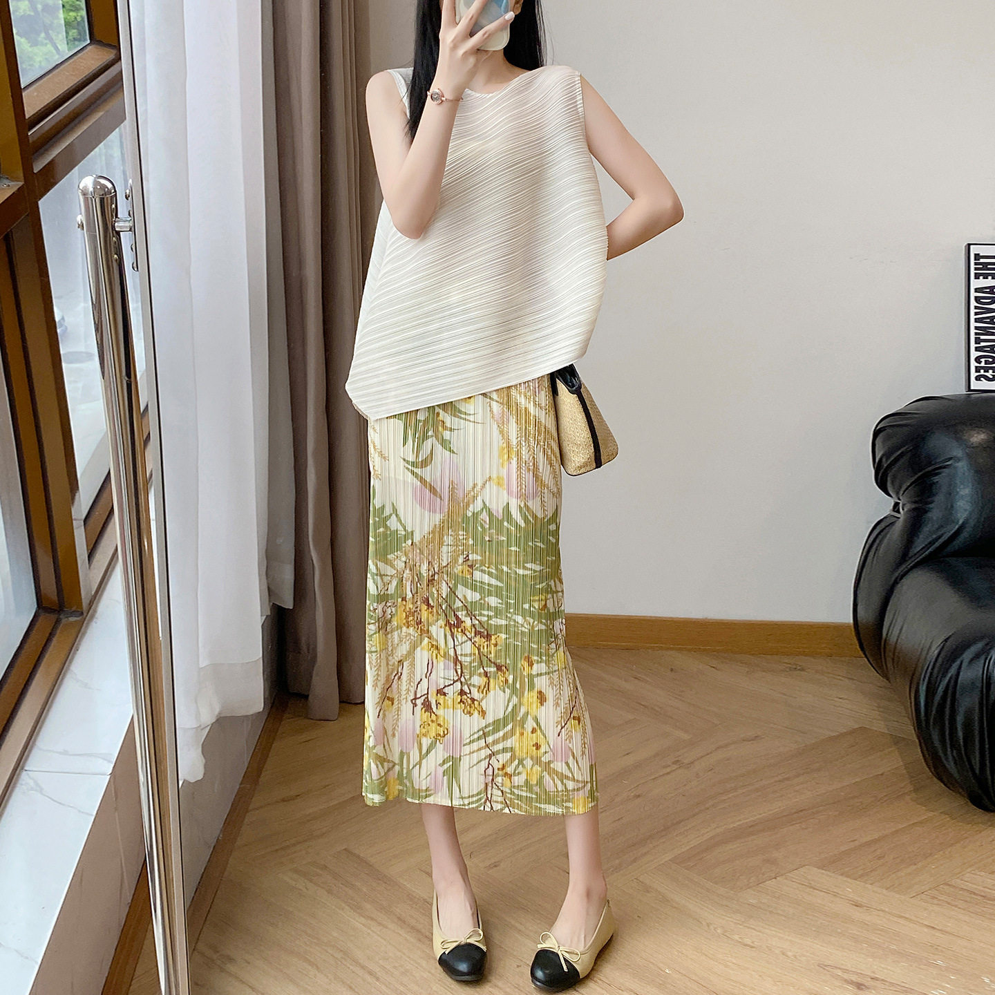 三宅风褶皱印花半身裙女2025夏季新款小众设计感显瘦气质百褶裙子