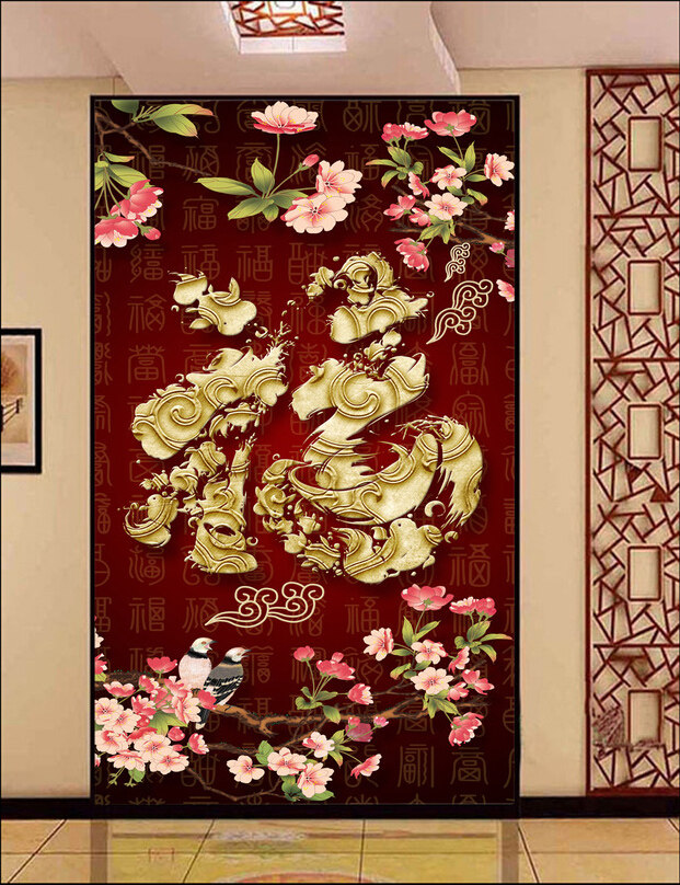 客厅玄关竖版中式风花鸟图十字绣