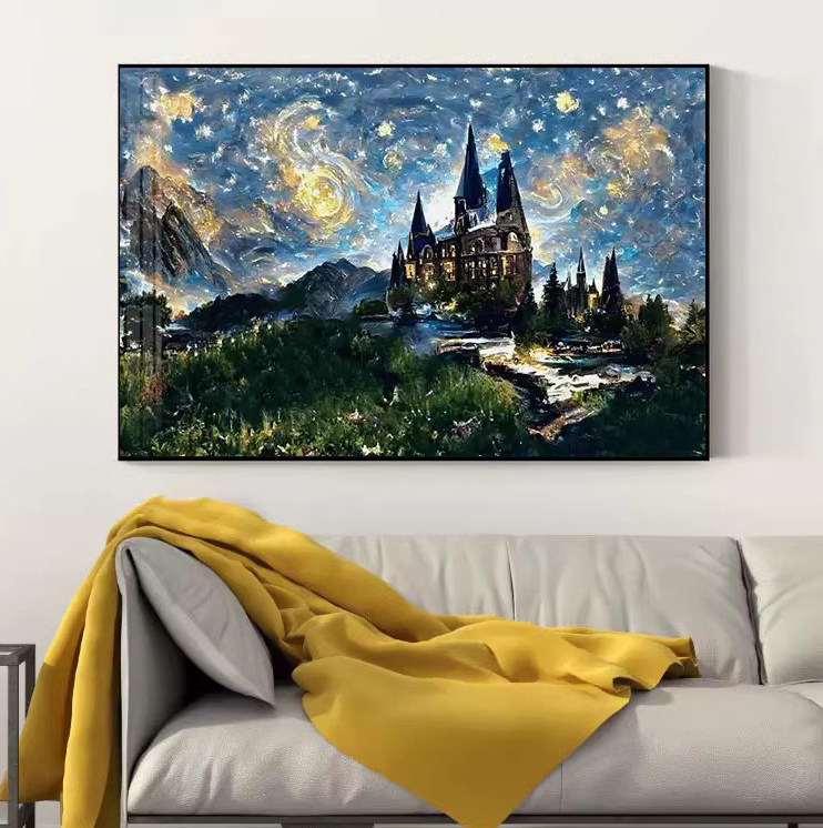 新款精准印花正品DMC十字绣客厅餐厅 欧式风景油画城堡梵高星空