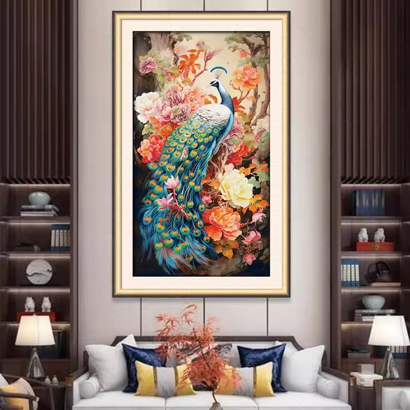 新款印花正品DMC十字绣纯棉线绣玄关过道走廊竖版油画牡丹孔雀图2