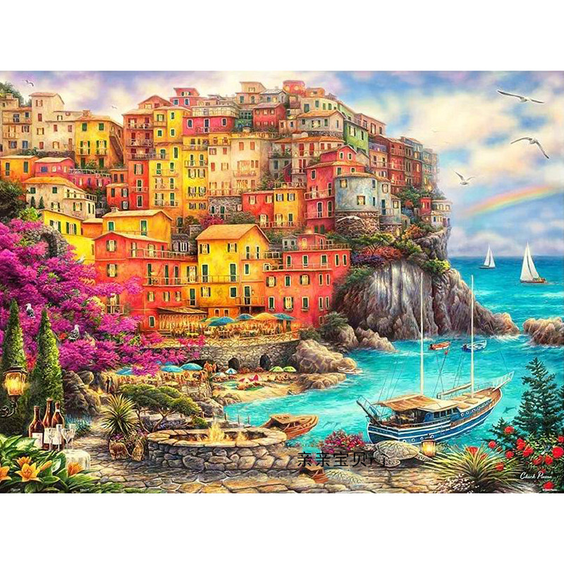 新款精准印花正品DMC十字绣纯棉套件客厅卧室欧式风景油画 五渔村