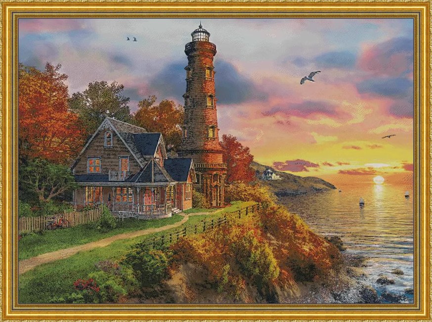 新款 印花 正品DMC十字绣线绣客厅餐厅玄关欧式风景油画 夕阳灯塔