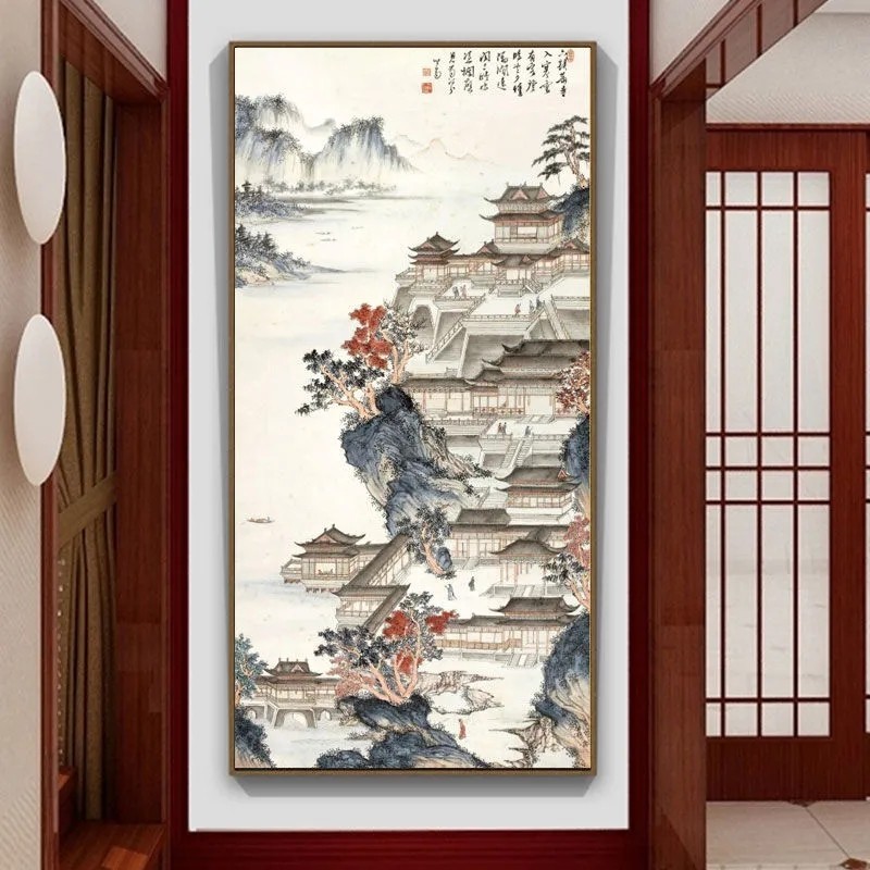 新款精准印花正品DMC十字绣套件 玄关过道走廊竖版新中式风景画汉