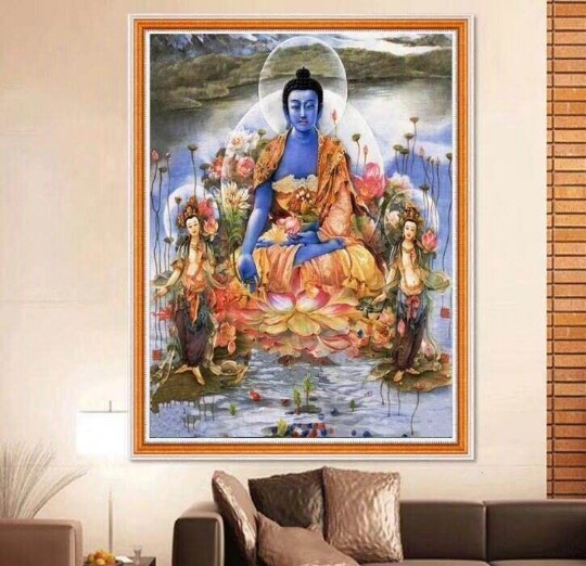 新款印花正品DMC十字绣客厅玄关佛堂佛像挂画东方三圣琉璃药师佛