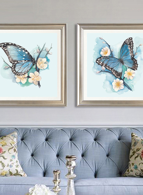 新款印花正品DMC十字绣客厅卧室餐厅花卉二联画 蓝色蝴蝶比翼双飞