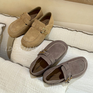 ido真皮乐福鞋女2026新款圆头平底金属扣一脚蹬休闲豆豆鞋懒人鞋