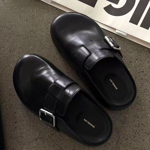 诗歌兰真皮厚底包头拖一脚蹬