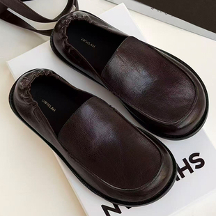 诗歌兰英伦风复古真皮乐福鞋女2026新款圆头平底一脚蹬百搭豆豆鞋