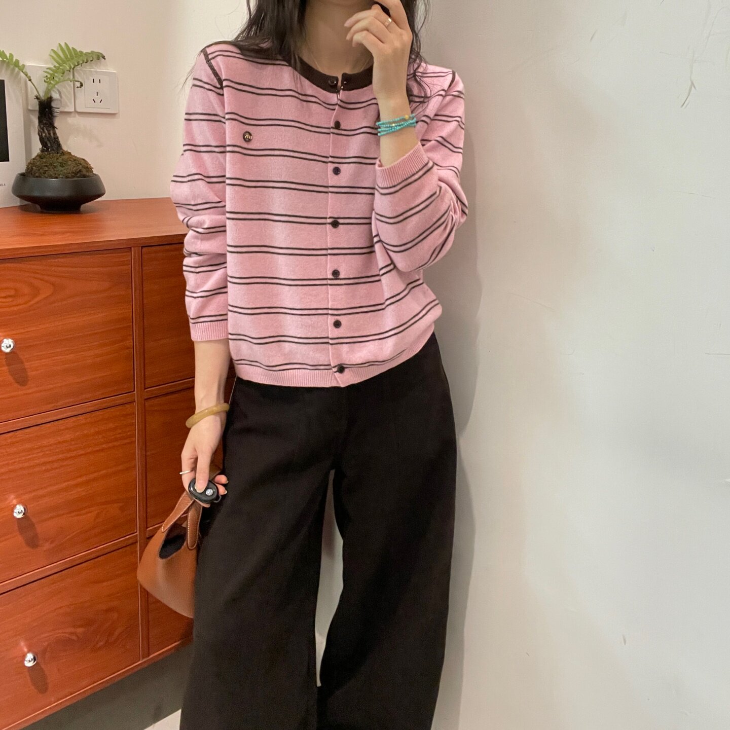 欧洲站细条纹羊毛开衫女
