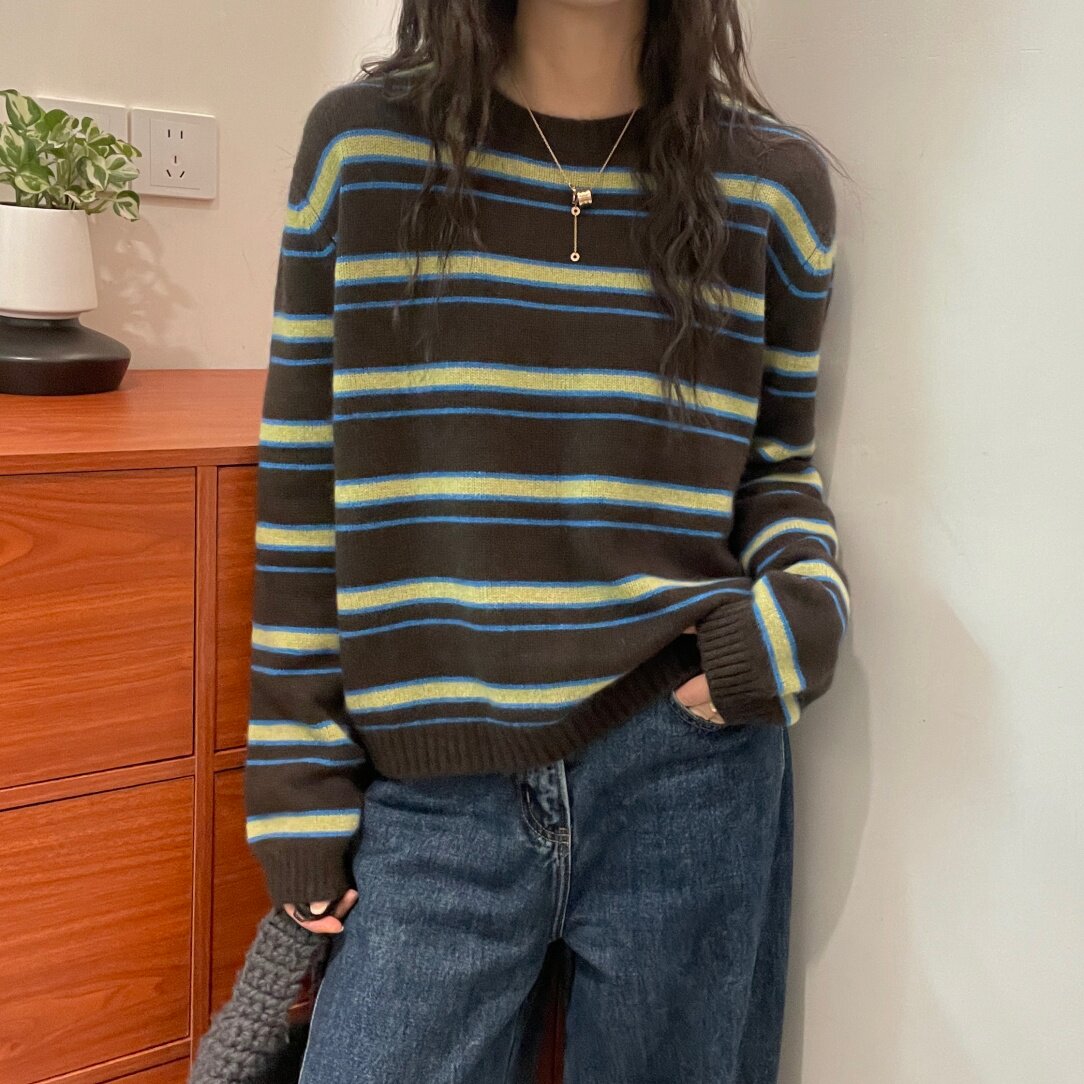 欧洲站羊绒羊毛条纹毛衣女