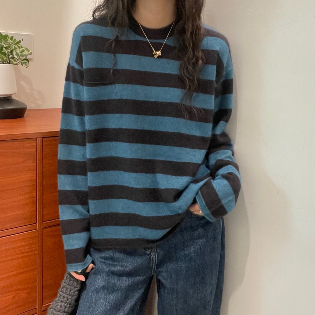 欧洲站羊绒羊毛条纹毛衣女