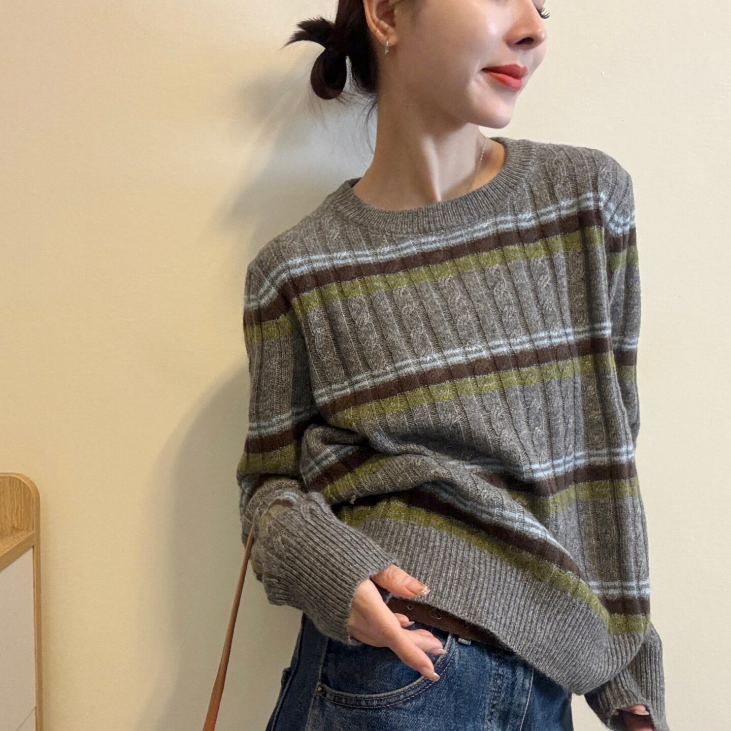 欧洲站羊毛条纹拼色毛衣女