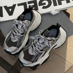 诗歌兰厚底增高老爹鞋女2026春款网面拼接绑带休闲鞋百搭时尚潮鞋