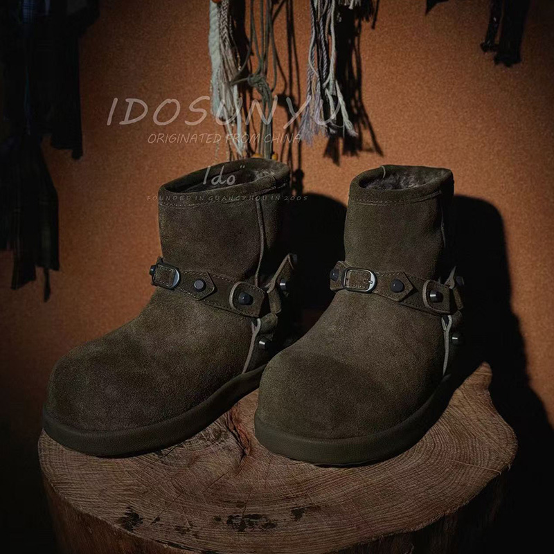 ido复古雪地靴女2025冬季新款加绒保暖真皮厚底舒适百搭短靴棉鞋