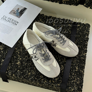 ido韩版拼色德训鞋女2026新款真皮系带阿甘鞋平底百搭休闲运动鞋