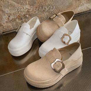 ido休闲风厚底乐福鞋女2026新款圆头搭扣一脚蹬懒人鞋真皮单鞋潮