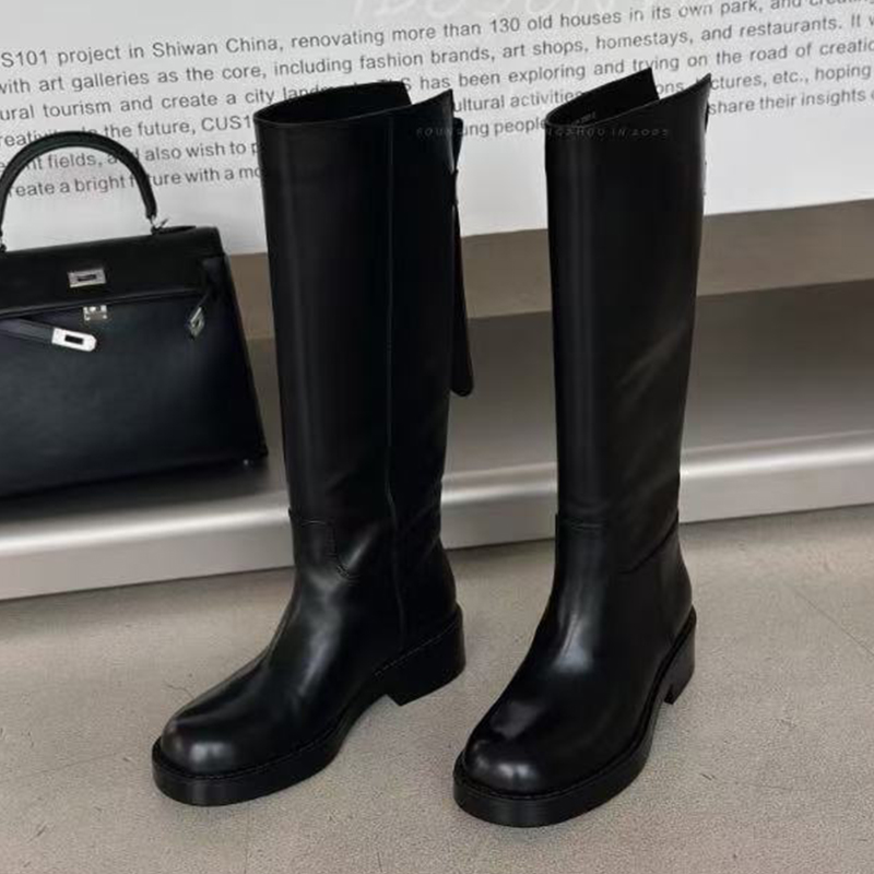 ido2025新款真皮粗跟复古骑士靴