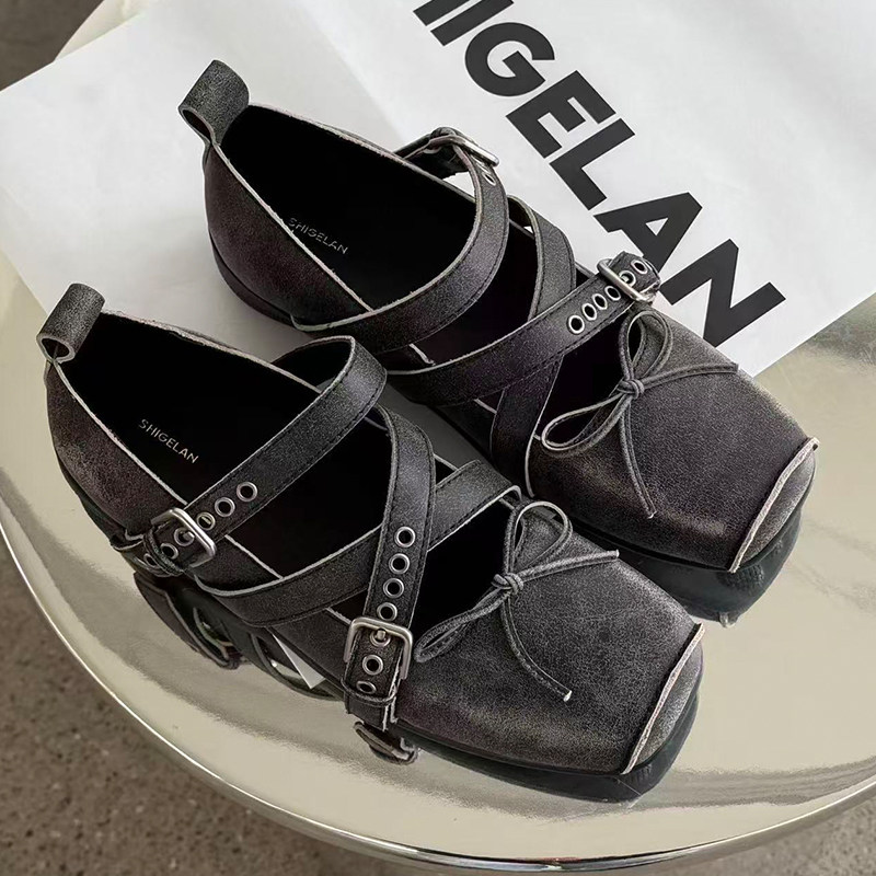 诗歌兰女鞋2026新款真皮百搭皮带扣玛丽珍鞋蝴蝶结方头休闲单鞋潮