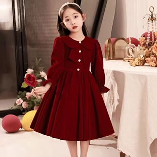 女童红色连衣裙秋冬酒红色娃娃领长袖小个子宴会礼服裙高级感裙子