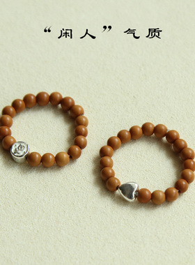 情侣橄榄核925银爱心戒指女