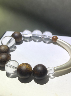 天然白水晶手链女串珠子巴西足银半镯木质文玩高级感轻奢沉香手串